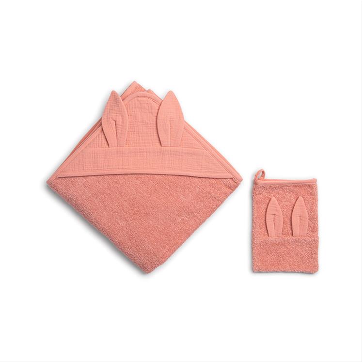 Muslin Hooded Towel Set -  Coral - 90 x 90 cm