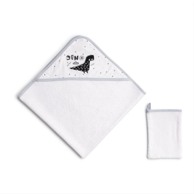 Hooded Towel + Mitt -Dino - Mavi-  75X75 / 15X21 Cm