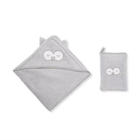 Hooded Towel + Mitt - Owlet- Grey- 75X75 / 15X21 Cm
